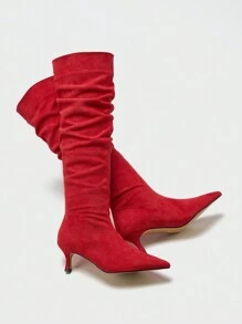 1双女士尖头细高跟踝靴，高帮保暖时尚靴，适合秋冬季节，可搭配连衣裙，猫跟 - 紅色 - 查看 6