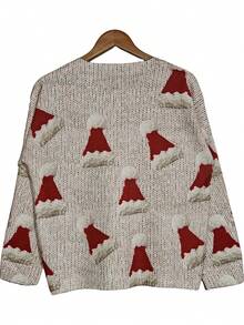 Besatzausschnitt eleganter, lässiger Weihnachtsmützen-Muster Digital-Muster leichter Pullover mit Gesamtdruck, geeignet für Herbst/Winter