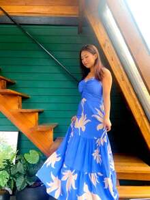 Women's Long Dress With Leaf Print, Thin Straps And Ruched Detail - 藍色 - 查看 2