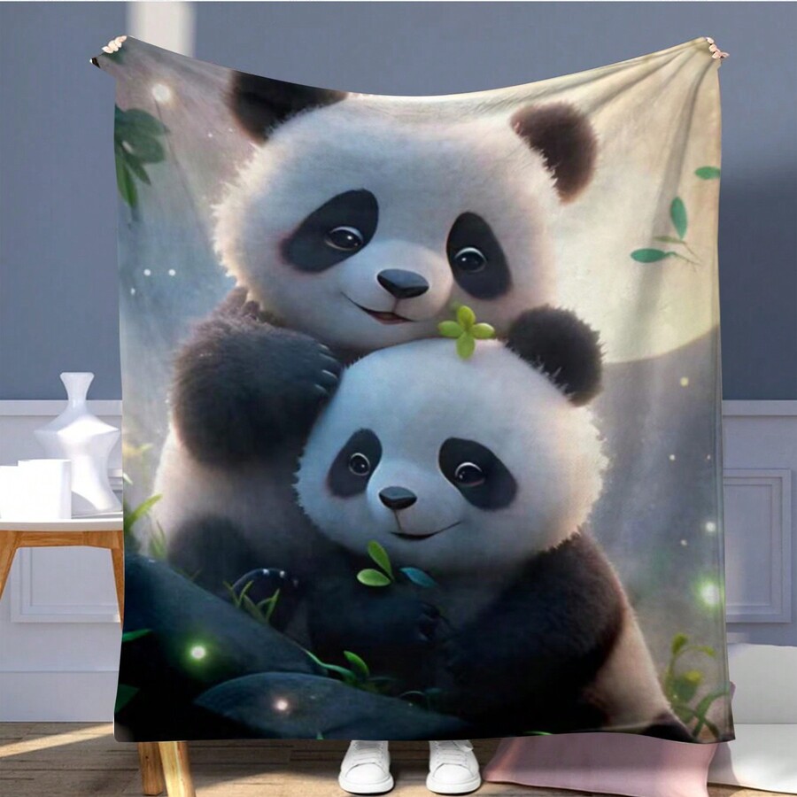 1pc Cute Panda Printed Flannel Blanket, Suitable For Sofa, Bed, Office