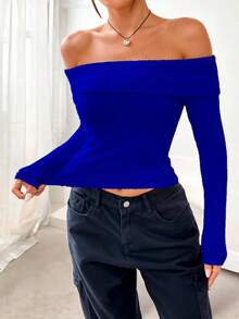 Blusa Con Hombros Descubiertos Y Manga Larga - azul real - Ver 2