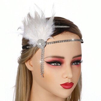 1 件女式 20 世纪 20 年代化妆舞会羽毛和水钻链头饰，复古优雅高端新娘婚礼圣诞头饰