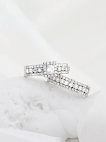 2pcs/Set Adjustable Sparkling Cubic Zirconia White Gold Plated Ring Set,Fashion Statement Eternity Promise Stackable Rings For Women,Ladies Jewllery,Women Gifts,Wedding Ring Set,Engagement Anniversary Rings Jewelry Gifts - Gold - View 1