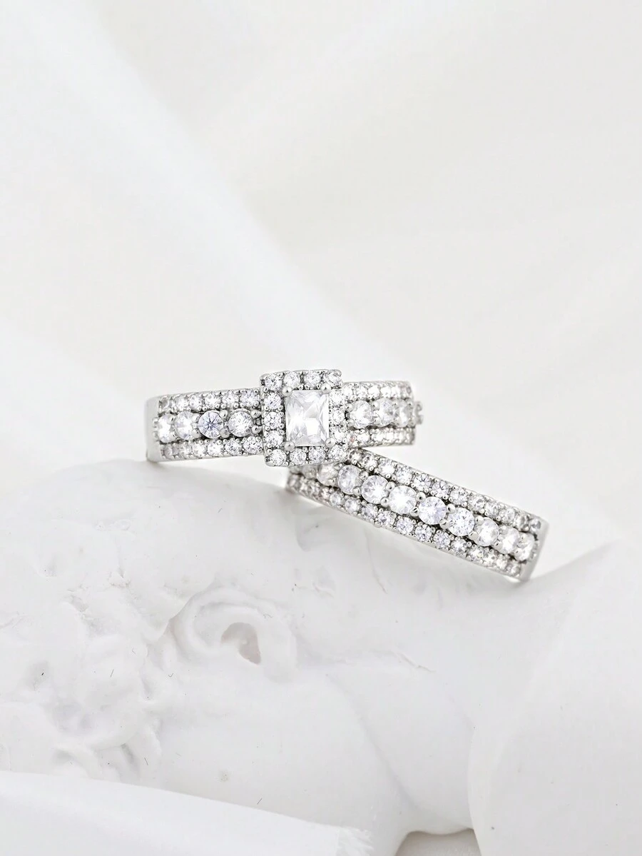 2pcs/Set Adjustable Sparkling Cubic Zirconia White Gold Plated Ring Set,Fashion Statement Eternity Promise Stackable Rings For Women,Ladies Jewllery,Women Gifts,Wedding Ring Set,Engagement Anniversary Rings Jewelry Gifts - Gold - View 1