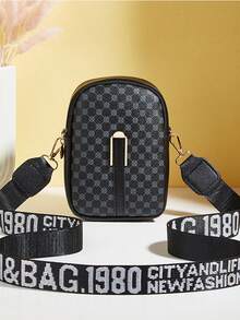 新款女士秋冬斜跨单肩包，印花彩色相机包，轻质仿皮，可调节肩带，拉链防盗多功能小钱包，适合日常佩戴 - 黑色 - 查看 1