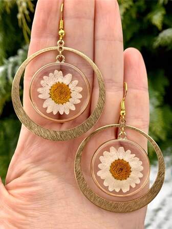 1 对波西米亚风格干花圆形吊坠耳环，向日葵压花雏菊耳环白黄金配饰复古优雅女士珠宝适合婚礼、派对、情人节礼物