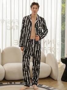 男士两件套缎面印花口袋翻领长袖上衣和裤子睡衣套装适合所有季节 - 黑色 - 查看 5
