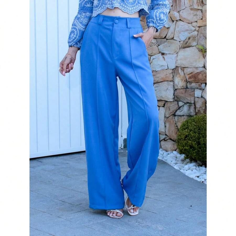 WOMEN'S TAILORED PANTS WITH BELT PANTALONA NEW FOR 2025 Elastic Back - Baby Blue - View 1