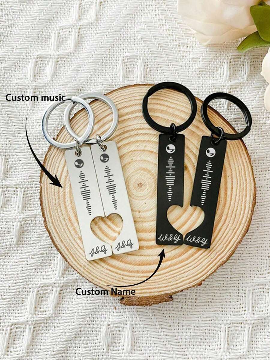 1 对定制音乐密码钥匙扣个性化雕刻音乐钥匙扣定制不锈钢心形长钥匙扣钥匙圈圣诞礼物、周年纪念礼物、情人节礼物、生日礼物、结婚礼物、最好的朋友礼物、家庭礼物情侣礼物 - 彩色 - 查看 1