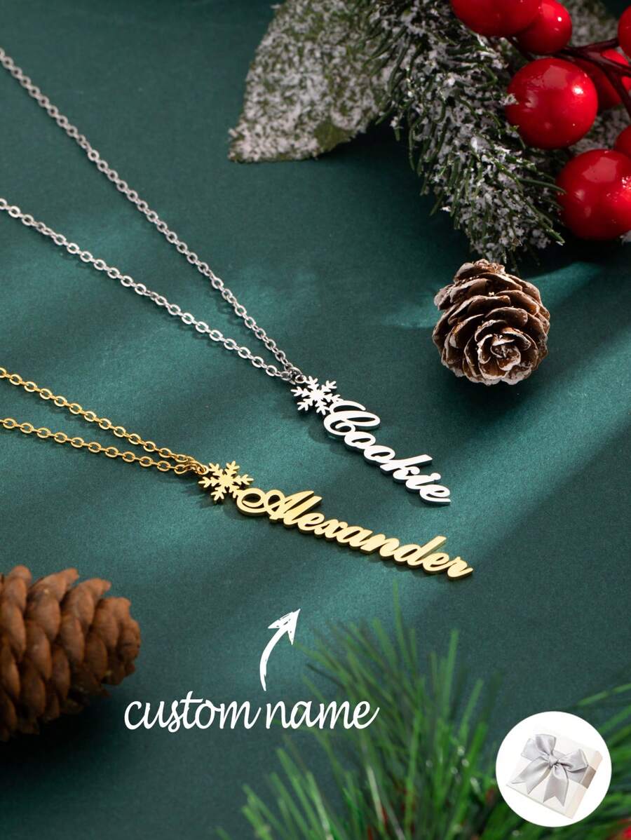 1 件定制雪花垂直名字项链，个性化垂直名字链吊坠，圣诞雪花冬季文字项链，送给女朋友的独特圣诞礼物，送给她的派对礼物 - 銀色 - 查看 1