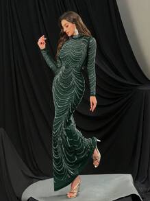 QOQ 时尚华丽热钻晚礼服奢华水钻礼服适合鸡尾酒会、红毯活动、庆典纯色长袖美人鱼下摆礼服 - 綠色 - 查看 5