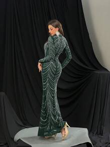 QOQ 时尚华丽热钻晚礼服奢华水钻礼服适合鸡尾酒会、红毯活动、庆典纯色长袖美人鱼下摆礼服 - 綠色 - 查看 3