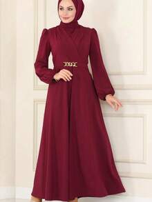 Elegant Women's High-End Solid Color Cinched Waist Maxi Dress - Red - View 4
