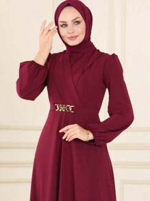 Elegant Women's High-End Solid Color Cinched Waist Maxi Dress - Red - View 1