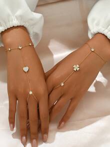 1 件女式不锈钢金色心形和三叶草白色方晶锆石装饰全指手链，18K 镀金时尚珠宝 - 金色 - 查看 3