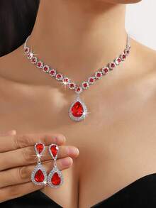 4/3 件优雅项链、耳环和手链首饰套装，女士时尚首饰套装，镶嵌闪亮水钻，适合搭配各种服装，或作为新娘婚纱配饰 - 彩色 - 查看 17