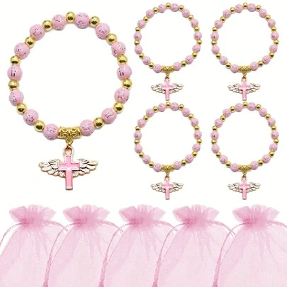 48 件/24 套或 24 件/12 套粉色珠子弹力手链，配欧根纱礼袋，是新娘、节日派对、洗礼、婚礼回礼、情人节必备的手链礼物