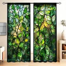 2 szt. Roślinne szklane okno z nadrukiem zasłony na Halloween Home Decor - Rod Pocket Window Treatment do sypialni, biura, kuchni, salonu i gabinetu