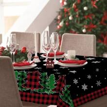 1st Kersttafelkleed, Kerstboomtafelkleed 70 Ronde Inch, Zwart Geruit Rechthoekig Winterkerst En Sneeuwvlok Keuken Kersttafeldecoratie, Geschikt Voor Gezinnen, Diners, FeestenKerstdecoratie, Kerstfeestbenodigdheden