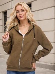Women's Zip-Up Hoodie With Embossed Fabric - Stylish Casual Outerwear Jacket