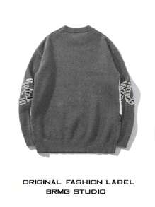 Autumn/Winter New Arrival Letter Patchwork Black Knitted Sweater, Unisex Crew Neck Pullover - Grey - View 3