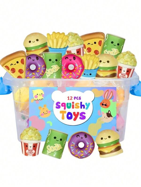12 piezas de juguetes de comida rápida Mini Squish, juguetes antiestrés de rise lenta con diseños de comida surtidos, mini juguetes antiestrés para juegos sensoriales, detalles de fiesta con caja de almacenamiento (color aleatorio)