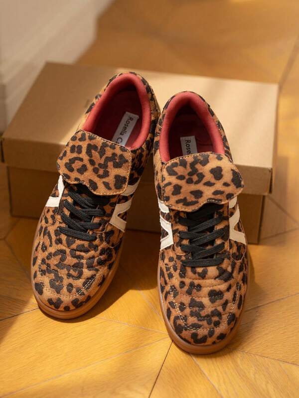 Rosella Carlie Tênis femininos com estampa de leopardo e chita, calçados casuais retrô confortáveis para caminhada, calçados baixos com cadarço e cano baixo antiderrapantes, tênis esportivos casuais femininos