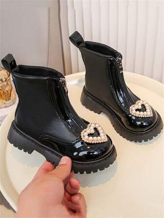 1 par de botas de tobillo con cremallera frontera estilo fashion para niñas, diseño brillante de PU con corazón de perlas falsas, adecuado para la escuela y fiestas