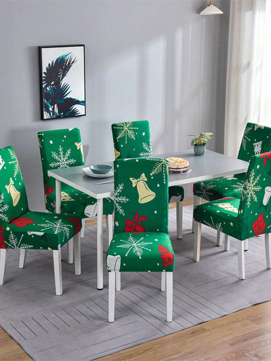 Ông già Noel Giáng sinh 2/4/6 chiếc bọc ghế ăn co giãn, in họa tiết bảo vệ ghế, dùng trang trí nhà cửa, khách sạn, nhà hàng và phòng tiệc - màu xanh lá - Xem 1