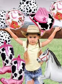 9 件套西部主题女士生日气球套装，包含粉色女牛仔靴、白马、奶牛印花和帽子铝箔气球，非常适合女生夜间外出派对、西部主题生日、迪斯科女牛仔比赛、赛马、动物主题派对， - 彩色 - 查看 3