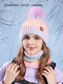 OBOVAY Conjunto de gorro y bufanda con forro térmico y degradado de color aleatorio para mujer, gorro de punto con pompón y bufanda infinita cálida, apto para esquiar y uso diario - Gradiente - Ver 16