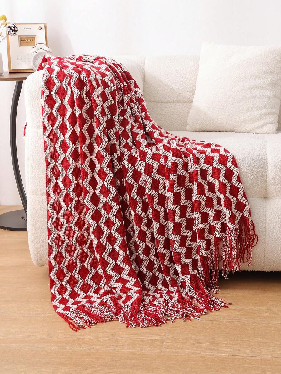 1pc DualColor Wavy Knitted Sofa Throw Blanket, Nordic Style Polyester