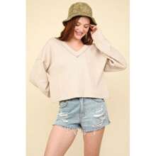 VERY J Exposed Seam V-Neck Ribbed Knit Top