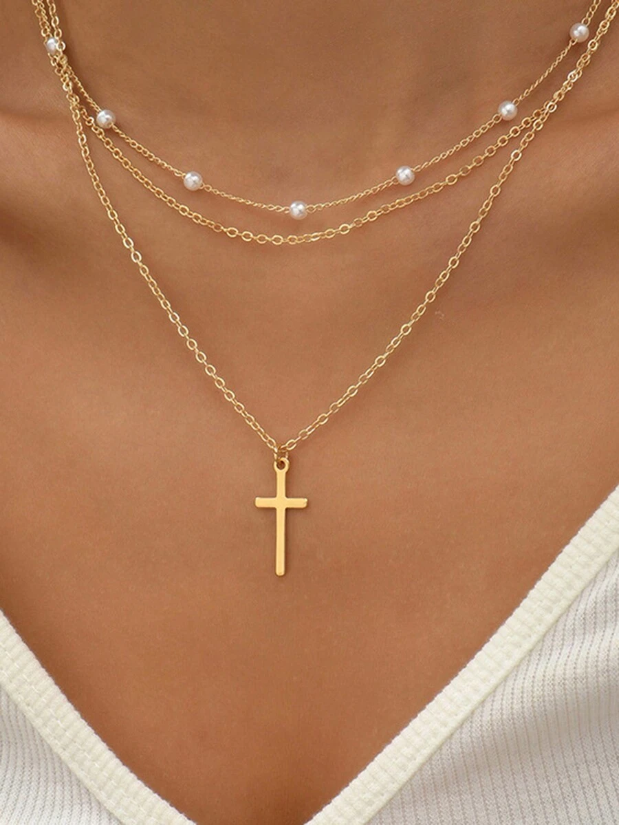 2 chiếc vòng cổ mặt thánh giá nhiều lớp ngọc trai giả đơn giản và độc đáo dành cho phụ nữ, quà tặng - Vàng - Xem 1