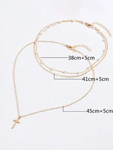 2 chiếc vòng cổ mặt thánh giá nhiều lớp ngọc trai giả đơn giản và độc đáo dành cho phụ nữ, quà tặng - Vàng - Xem 2
