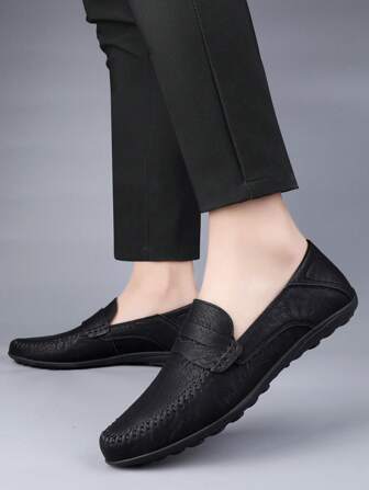 Lyxiga män Penny Loafers i läder, Slip-on platta skor i stråvävd stil med bekvämt elastiskt band, högtidsskor för dagligt bruk, bröllop, bankett, kontor, affärstillfällen på våren och hösten