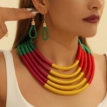 Exaggerated Retro Multicolored Layered Strap High-End Magnetic Buckle Fashion Choker & Earring Set - Multicolor - View 14