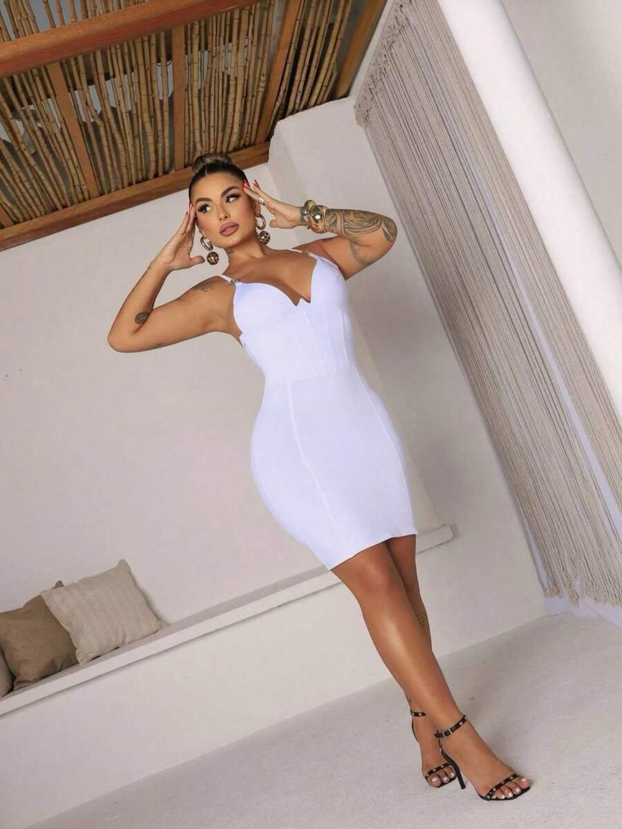 Strappy V-Neck Dress Riding Fabric Comfortable For Everyday Parties And Dinners Casual Fashion For Warm Weather Sophisticated Touch - trắng - Xem 1