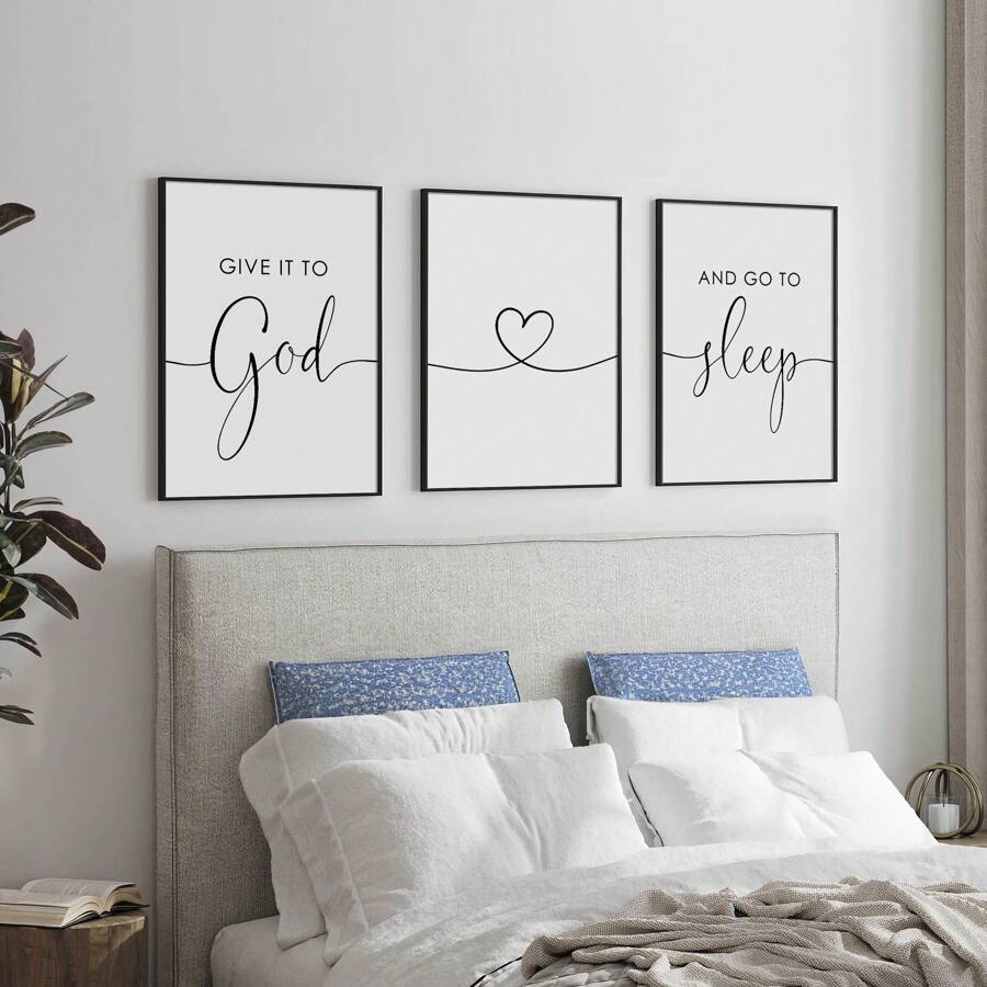 1/3pcs Give It To God And Go To Sleep Print Canvas Paintings Inspirational Quote Poster Religious Christian Wall Art Relaxing Trust Sleep Reminder Bedroom Decor Unframed - Multicolor - View 1