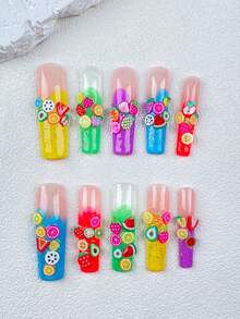 10 件超长指甲 Y2K 法式全覆盖假指甲手工按压指甲 3D 水果装饰设计美甲装饰，1 件果冻凝胶/1 件迷你摩擦条，可拆卸按压指甲，适合女士和女孩参加节日派对和日常佩戴美甲产品 - 彩色 - 查看 4
