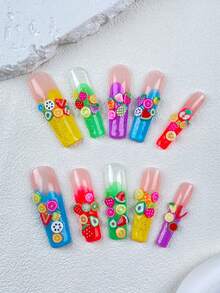 10 件超长指甲 Y2K 法式全覆盖假指甲手工按压指甲 3D 水果装饰设计美甲装饰，1 件果冻凝胶/1 件迷你摩擦条，可拆卸按压指甲，适合女士和女孩参加节日派对和日常佩戴美甲产品 - 彩色 - 查看 2