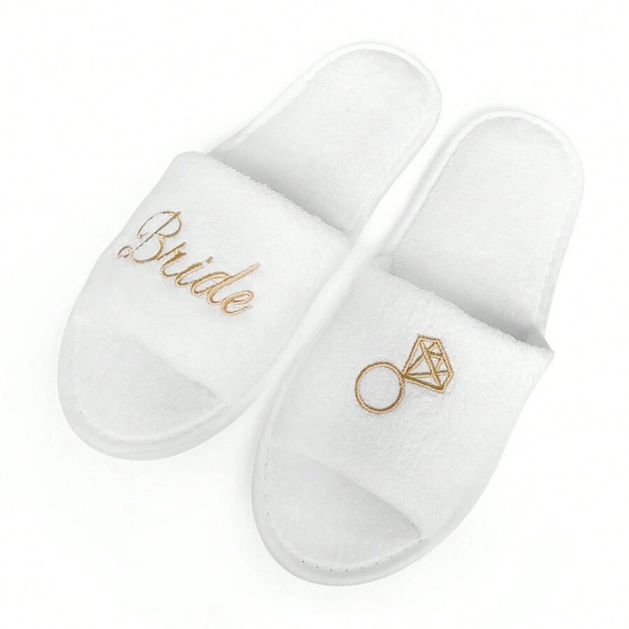 Dép xỏ ngón hở mũi thêu nhẫn kim cương và lông cừu san hô trắng cho cô dâu, đế EVA dày 5mm thoải mái, giày dùng một lần cho phù dâu/đám cưới - Dép trắng thêu vàng cô dâu và trang trí hoa văn nhẫn kim cương - Xem 1