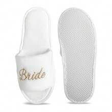 Dép xỏ ngón hở mũi thêu nhẫn kim cương và lông cừu san hô trắng cho cô dâu, đế EVA dày 5mm thoải mái, giày dùng một lần cho phù dâu/đám cưới - Dép trắng thêu vàng cô dâu và trang trí hoa văn nhẫn kim cương - Xem 5