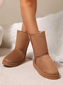 2024 New Mid-Calf Snow Boots For Women, Thermal Lined Thick Bottom Warm Slip-On Mid-Calf Boots, Brown Color,Fur Boots