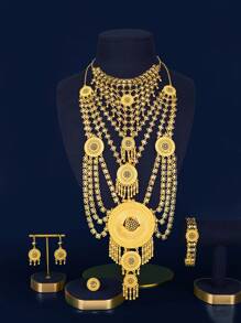 1 套/欧式时尚、奢华、复古铜合金首饰套装（项链、手链、戒指、耳环），适合海湾国家女性、休闲、派对、节日、圣诞礼物 - 金色 - 查看 5