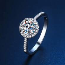 1pc S925 Sterling Silver Moissanite Ring, Round Halo Design For Women, Luxurious Elegant Proposal/Wedding Ring - 1 Carat Moissanite Ring - View 8