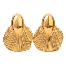 1 对女士钛钢几何折叠耳环，不对称圆形和方形心形，新品跨境复古耳环 - 黃色 - 查看 3