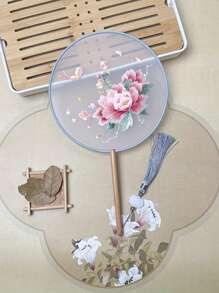 1 Stück vintage Handventilator, chinesischer runder Fächer mit Seide-Stickerei, Kranich-Blumen Heim- und Raumdekoration, Tanzfächer mit Quasten, Party-Requisiten, Weihnachts-, Valentinstags- und Neujahrgeschenk