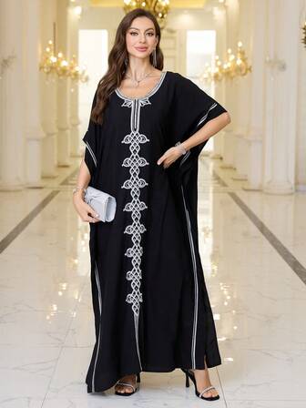 Black Embroidered Round Neck Casual Women's Dresses Moroccan Kaftan Dresses