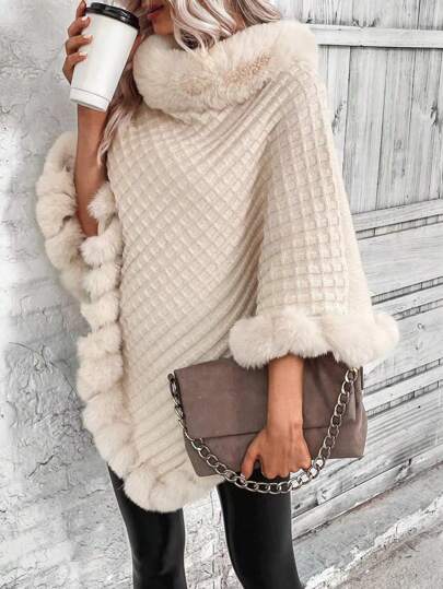 1pc Women's Elegant Solid Color Patchwork Fluffy Oversized Poncho Sweater For Dress